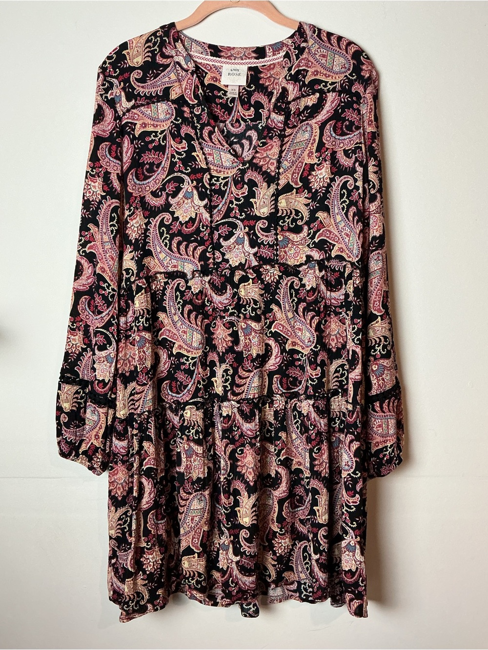 Knox Rose Paisley Boho Tiered Mini Dress Floral Long Sleeve Tunic Size XS